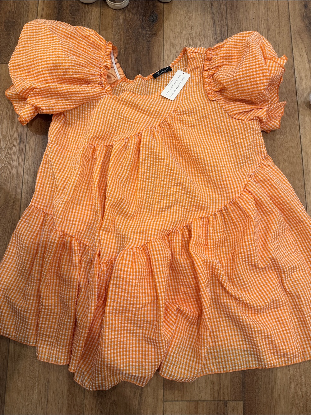 Simple Orange and White Gingham Puff-Sleeve Dress